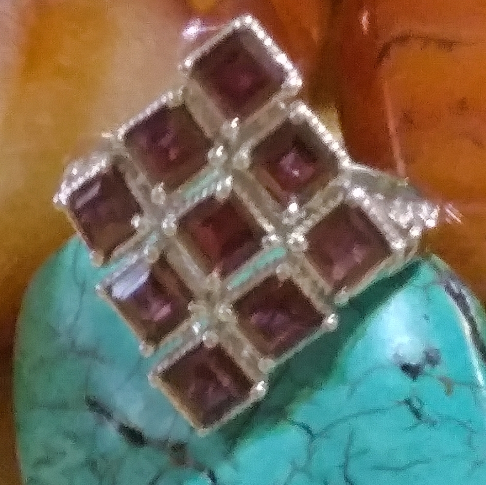ORISSA RHODONITE GARNET/STERLING (9 STONE FACETED RING... SIZE- 10.(R-17949)
